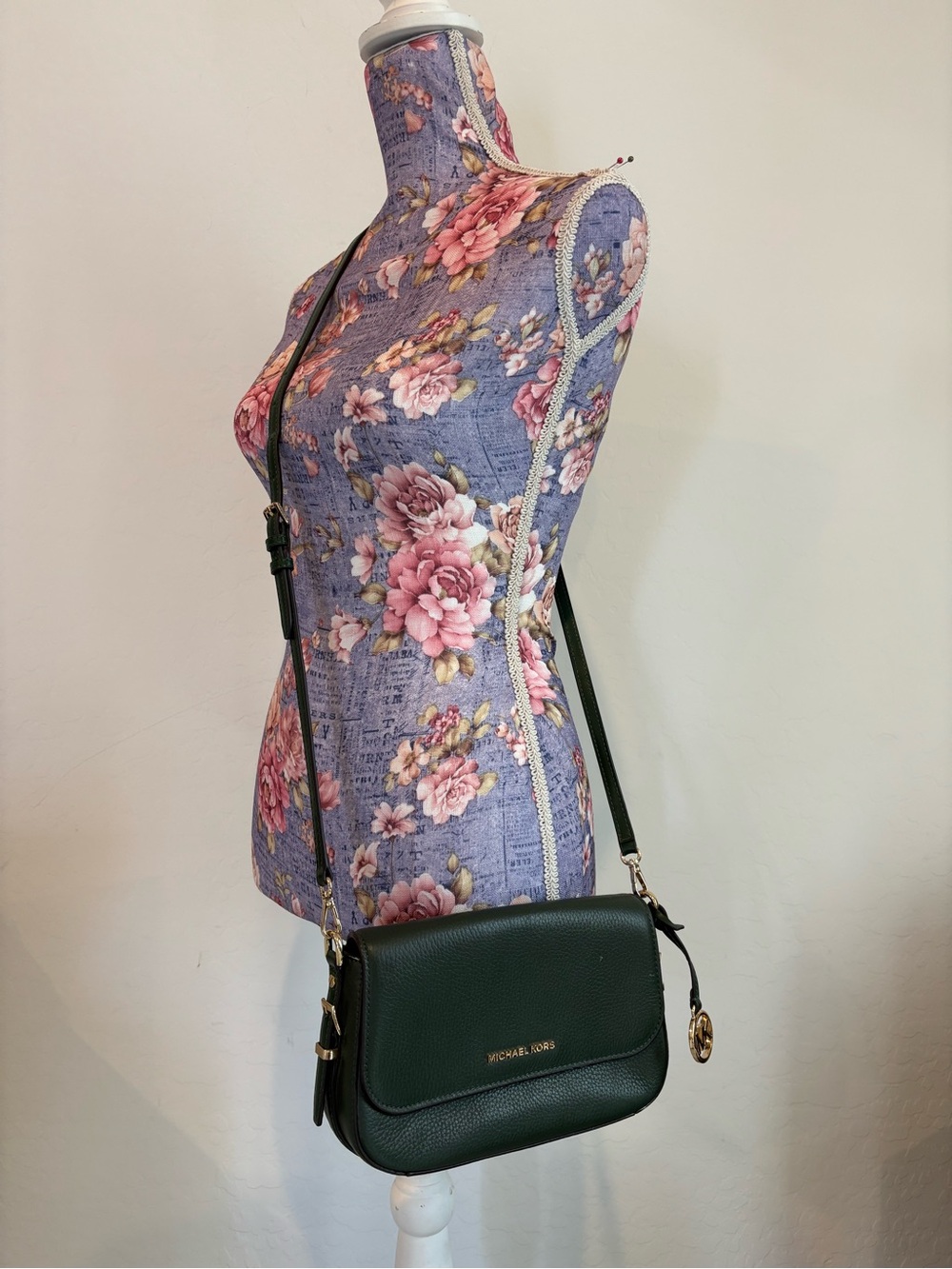 Michael Kors Bedford Dark Green Pebbled Leather Crossbody with Gold Hardware